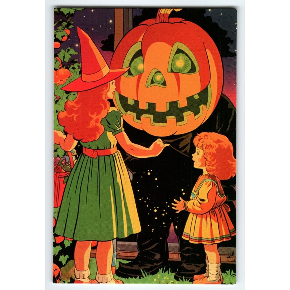 Vintage Halloween Photochrome Postcard Kids with Giant Jack-O'-Lantern